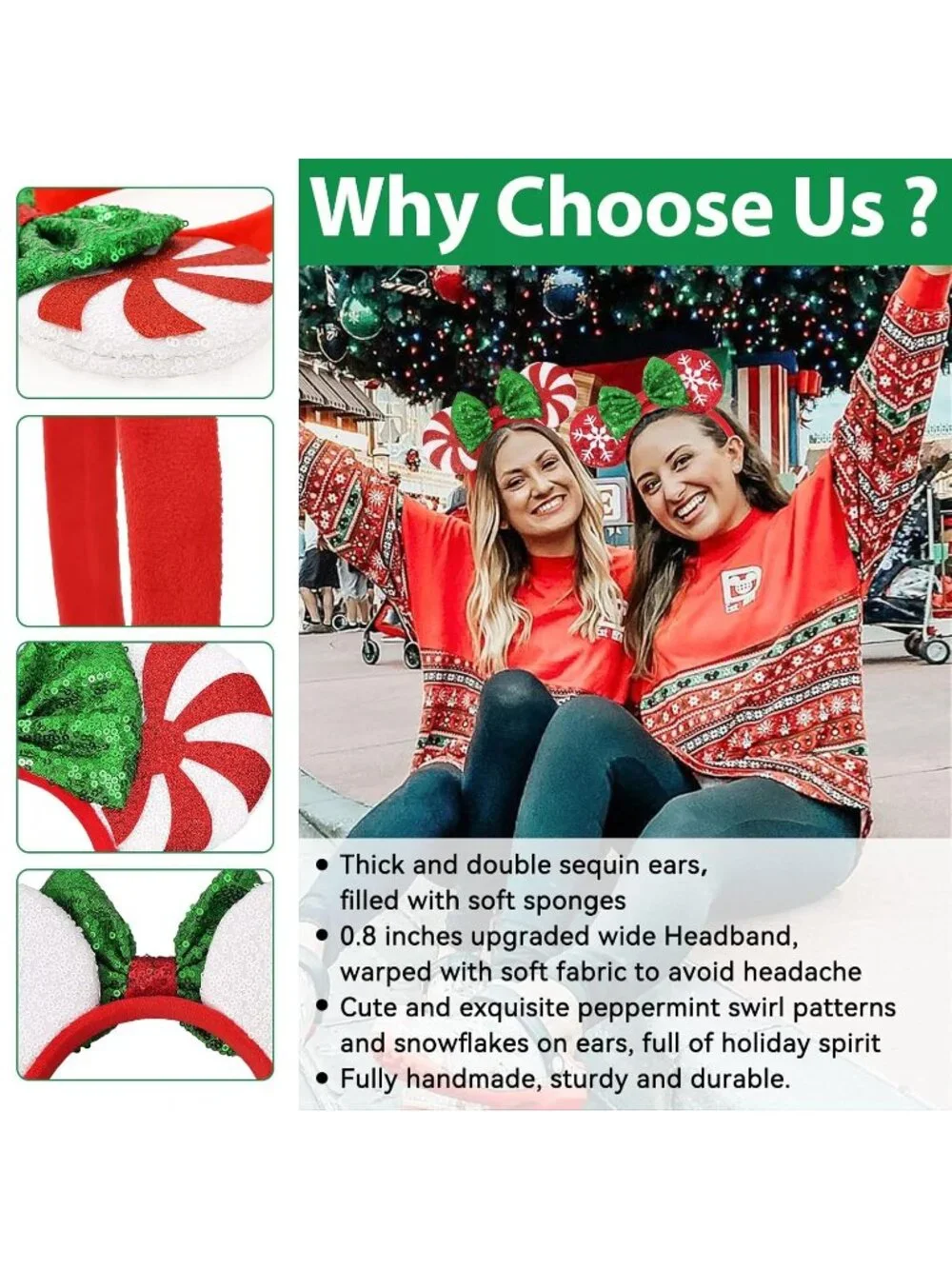 Women White Red Sparkly Sequin Mickey Mouse Costume Headband For Cosplay 2PCS